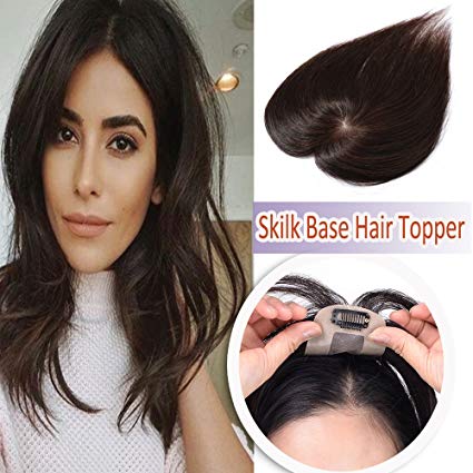 Elailite Silk Base Human Hair Toppers for Women Clip in Top Hairpiece Toupee for Tinning Hair Black Brown