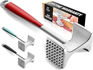 Zulay Professional Meat Tenderizer Tool - Dual Sided Meat Mallet Pounder With Comfort Grip Handle - Heavy Duty Meat Hammer Tenderizer - Meat Tenderizer Mallet & Meat Pounder - (10”) Red