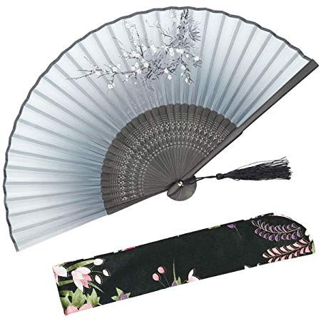 OMyTea Cold Plum 8.27"(21cm) Women Hand Held Folding Fans with Bamboo Frame - With a Fabric Sleeve for Protection for Gifts - Chinese/Japanese Vintage Retro Style (WDJ-01-Gray)