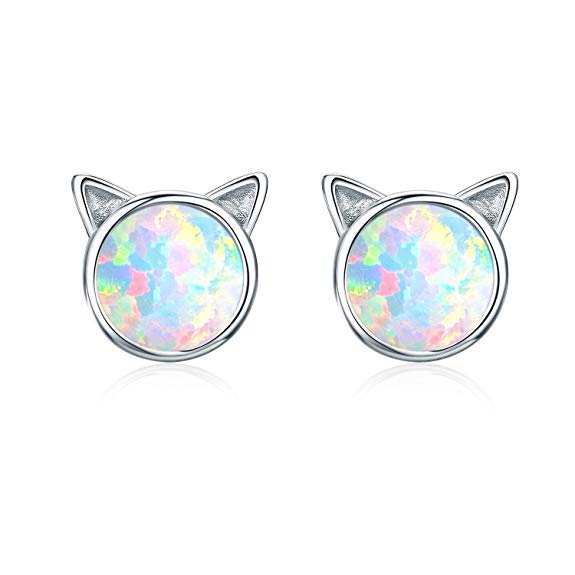 Opal Stud Earrings, Cat Ear Stud Earrings 18K Gold Plated Sterling Silver Cute Kitten Earrings Gift for Cat Lovers