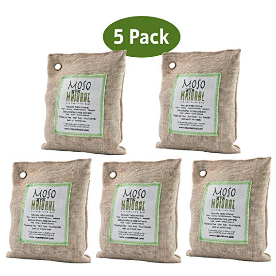 Moso Natural Air Purifying Bag. Odor Eliminator for Cars, Closets, Bathrooms and Pet Areas. Captures and Eliminates Odors. (Natural, 5 Pack)