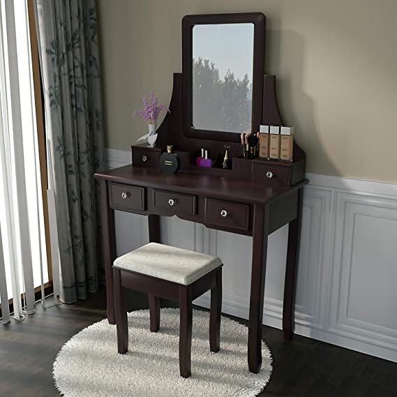 Allewie Dark Brown Vanity Desk with Cushioned Stool Dressing Table Vanity Makeup Table with Mirror, 5 Sliding Drawers, Removable Makeup Organizer
