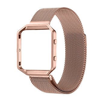 Fitbit Blaze Accessory Band,Large(6.3-9.1 in),Oitom Frame Housing Milanese loop stainless steel Bracelet Strap for Fitbit Blaze Smart Fitness Watch (Rose Gold Frame Loop)