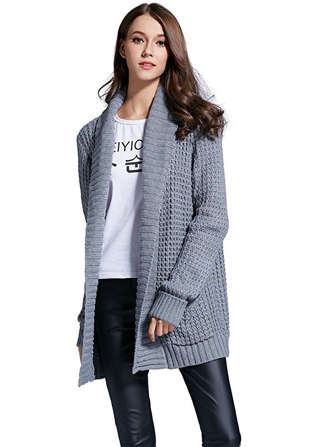 Women's Shawl Collar Cardigan Long Sleeve Open Front Sweater with Pockets