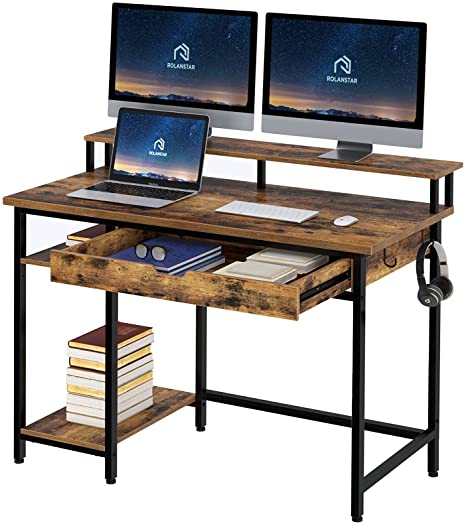 Rolanstar Computer Desk with Monitor Stand and Drawer, 39" Home Office Writing Desk, Laptop Study Table Workstation, Retro Industrial Design, Stable Metal Frame, Rustic Brown