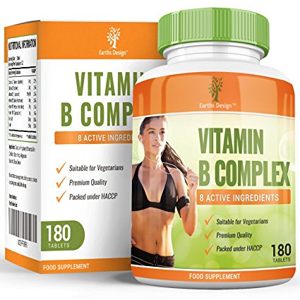 Vitamin B Complex - High Strength Supplement Contains all Eight B Vitamins in 1 Tablet, Vitamins B1, B2, B3, B5, B6, B12, D-Biotin & Folic Acid, 180 tablets (6 Months supply) by Earths Design