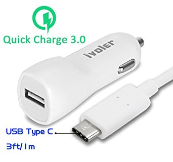[Quick Charge 3.0] iVoler Adaptive Fast Charging 18W USB Car Charger for Samsung Galaxy S7/Edge/S6/Edge/Plus/Note 5, LG G5 and More[QC 2.0 & Type C Compatible] [with 3.3ft/1m USB A-C Cable](White)