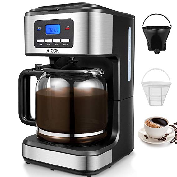 Coffee Maker, Aicok Filter Coffee Machine, 12 Cup Programmable Coffee Makers, 1.5 liters Clock/Timer Coffee Machine, Anti-Drip System, Permanent Reusable Filter, Black and Silver.