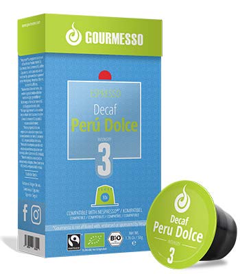 Gourmesso Decaf Perù Dolce - 10 Nespresso Machine Compatible Coffee Capsules - Organic and Fair Trade