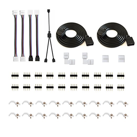 5050 4Pin LED Strip Connector Kit with 2 Way RGB Splitter Cable, 6.6ft RGB Extension Cable, Strip to RGB Controller Jumper, LED strip to strip Jumper, L Shape Connectors, Gapless Connectors