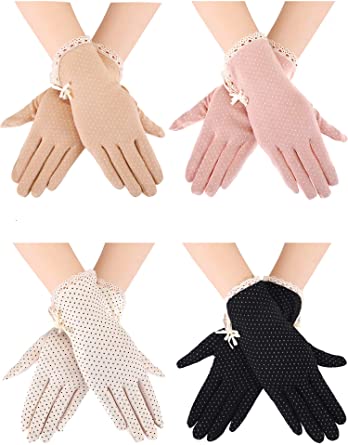 Blulu 4 Pairs Summer UV Protection Sunblock Gloves Non-slip Touchscreen Driving Gloves Bowknot Floral Gloves for Women Girls (Black, Khaki, Pink, Beige)