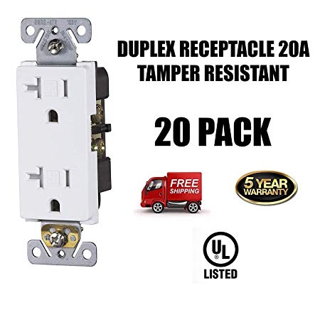 20A, Tamper Resistant, 120 Volt, Child-Proof Outlets, Decorator Duplex Receptacle, Commercial Grade, Grounding, UL Listed, 20-PACK, White