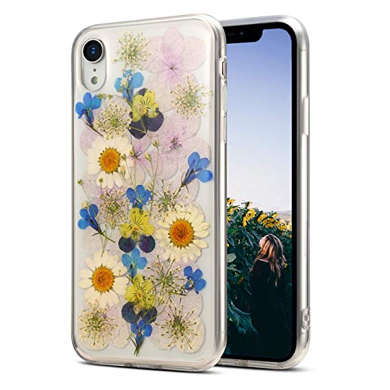 iPhone XR Case Floral,Real Flower iPhone XR Clear Case Design for Girls [Support Wireless Charging] Soft Silicone TPU Phone Protective Cover for iPhone XR 6.1'',Sunflower Blue