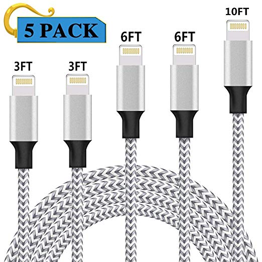 iPhone Charger, 5 Pack [3/3/6/6/10 FT] Charging Cable Extra Long Nylon Braided USB Charging&Syncing Cord Charger Compatible iPhone X/8/8Plus/7/7Plus/6S/6S Plus/iPad and More(Silver&Grey)