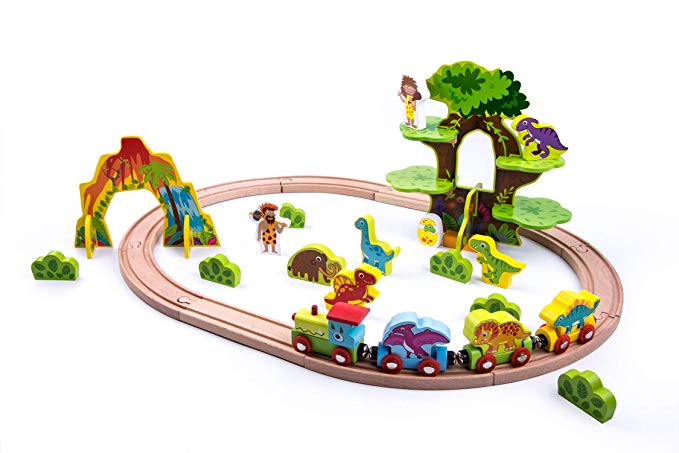 Dinosaur Wooden Train Set, 40 Piece / pcs, Compatible with All Major Brands - Best Gifts for Kids Toddler