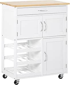 HOMCOM Kitchen Island on Wheels, Rolling Kitchen Cart with Drawer, 9-Bottle Wine Rack, Storage Cabinets, Wooden Countertop (White)