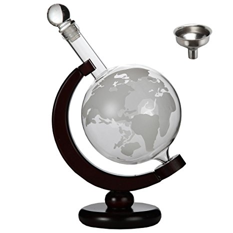 Lily's Home 850ml World Globe Whiskey Decanter with Dark Finished Wood Stand and Bar Funnel. Scotch Decanter