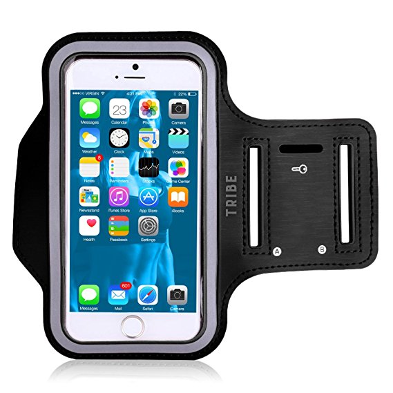 TRIBE Water Resistant Cell Phone Armband for iPhone 8, 7, 7S, 6, 6S, SE, 5 and Samsung Galaxy S9, S8, S7, S6 Phones with Adjustable Elastic Velcro Band & Key Holder for Running, Walking