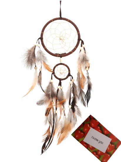 BS® Brown Handmade Beaded Feather Dream Catcher Circular Net For Car Kids Bed Room Wall Hanging Decoration Decor Ornament Craft   Gift bag   Gift Card, Dia of Circle: 4.33inch/11cm &1.97inch/5cm