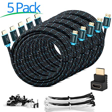 Maximm High-Speed HDMI 2.0 4K Nylon Braided Cable, 15 Feet, 5-Pack (Includes Cable Clips, Ties and Right Angle Adapter)