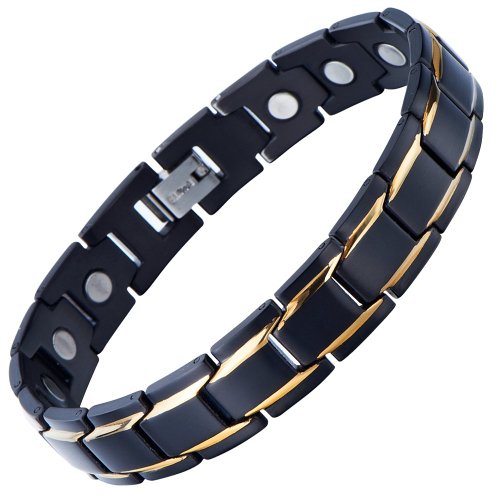 Unique Stainless Steel Mens Gold Black Power Element Bracelet with Magnets