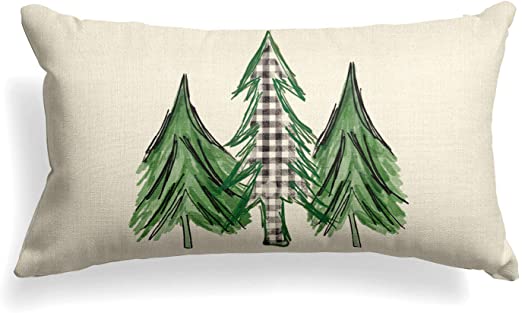 AVOIN Watercolor Christmas Tree Throw Pillow Cover, 12 x 20 Inch Holiday Buffalo Plaid Cushion Case Decoration for Sofa Couch