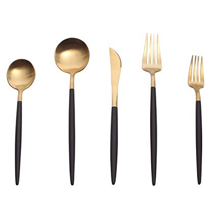 Modern Silverware Set, 5 Pieces 18/10 Stainless Steel Cutlery Set, Includes Knife, Fork and Spoon, Matte Utensils Service for 1, Black and Gold