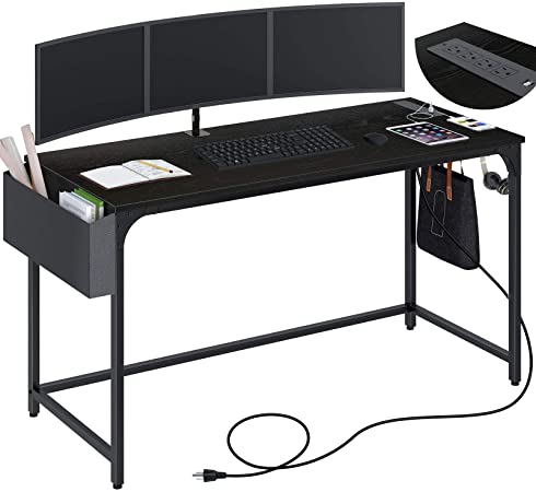 Rolanstar Computer Desk, Home Office Writing Desk with Power Outlet, Study Table with Side Storage Bag and Iron Hooks, Workstation, Modern Simple Style, Stable Metal Fram,Black, 55"