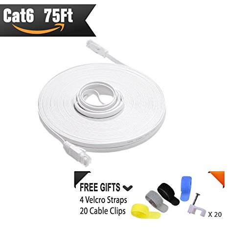 Cat 6 Ethernet Cable White 75 ft (At a Cat5e Price but Higher Bandwidth) Flat Internet Network Cable - Cat6 Ethernet Patch Cable Short - Computer Lan Cable   Snagless RJ45 Connectors