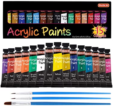 Acrylic Paint Set, Shuttle Art 15 x 12ml Tubes Artist Quality Non Toxic Rich Pigments Colors Perfect for Kids Adults Beginners Artists Painting on Canvas Wood Clay Fabric Ceramic Crafts