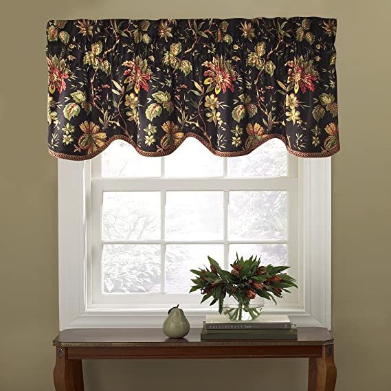 WAVERLY Felicite Floral Pattern with Grimp Trim Window Valance Curtains, 50" x 15", Noir