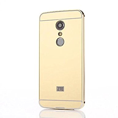 ZTE Axon 7 Case with Tempered Glass Screen Protector, Hi5Gdget ZLDECO Aluminum Metal Frame   Shiny Mirror Plastic Back Cover Protective for ZTE Axon 7 Smartphone (Golden)