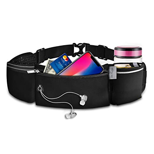 REALIKE Running Hydration Belt Pack Waist Bag with Water Bottle Holder Double Zipper Pouch Funny Bag with Reflective Adjustable Strip Fit iPhone Xs max for Running, Cycling, Hiking Outdoor Sport