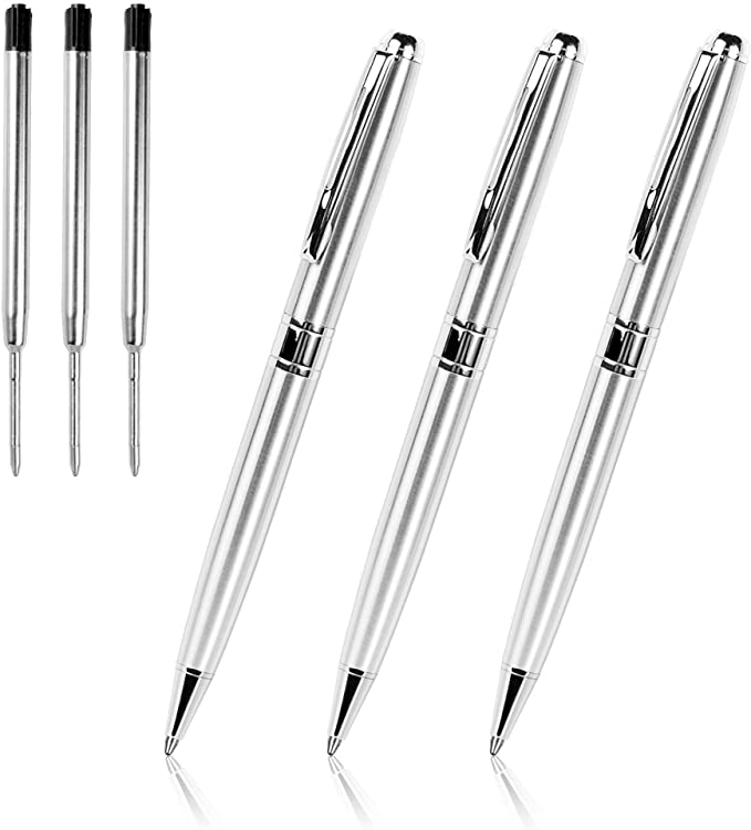 Silver Ballpoint Pens Black Ink, Cambond Stainless Steel Uniform Pens for Gift Business Men Police Flight Attendant, 1.0 mm Medium Point, 3 Pens with 3 Refills