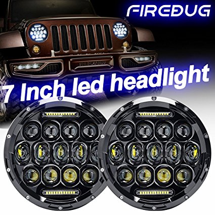 Firebug Jeep Headlight 75W 9000 Lumens Hi/Lo Beam, Jeep Wrangler Headlights DRL, 7 Inch Round LED Headlight, Jeep Wrangler JK TJ LJ 97 -16, Hummer MACK R Peterbilt Kenworth Freightliner Fj Cruiser