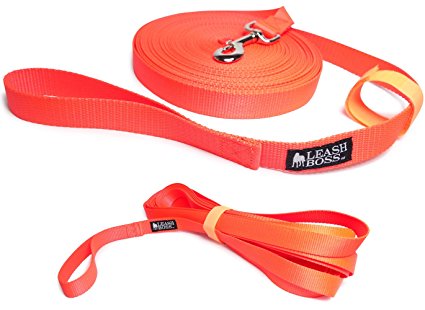 Leashboss Long Trainer - 1 Inch Nylon Long Dog Training Leash with Storage Strap - USA Made