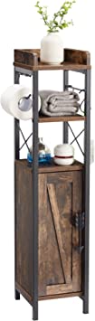 VECELO Small Bathroom Cabinet, Slim Toilet Paper Holder with Door & 2 Shelves, Upgraded Storage Organizer,Fenced Top, Waterproof Coating, 7.9" L x 7.1" W x 31.5" H, Rustic Brown