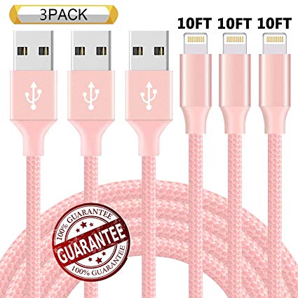 Neatlo MFi Certified iPhone Charger 3Pack 10FT Extra Long Nylon Braided USB Charging Cord Compatible iPhone Xs/Max/XR/X/8/8Plus/7/7Plus/6S/6S Plus/SE/iPad/Nan More - Pink