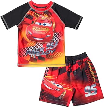 Disney Pixar Cars Lightning McQueen Rash Guard and Swim Trunks Outfit Set Toddler to Little Kid