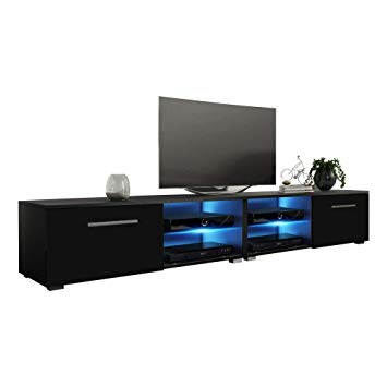 MEBLE FURNITURE & RUGS New Moon Modern TV Stand Matte Body High Gloss Doors with 16 Color LED (Black, 81")