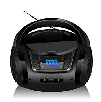 LONPOO Portable CD Boombox FM Radio/USB/Bluetooth/AUX Input and Earphone Jack Output with Stereo Sound Speaker Audio Player-Black