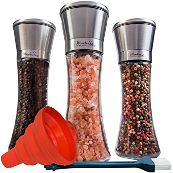 Salt and Pepper Grinders Set of 3 Glass Mills | Brushed Stainless Steel Shakers with Adjustable Ceramic Rotor, Silicon Funnel and Utility Brush by Wonder Sky