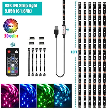 USB LED Strip Light Kit,9.85ft(6x1.64ft) 5050 Flexible RGB Strip Lighting with 18-Key RF Controller for Remote Home Decor Mood Lighting Kit DIY Kitchen, Cupboard, Desk, TV Backlight, Shelf