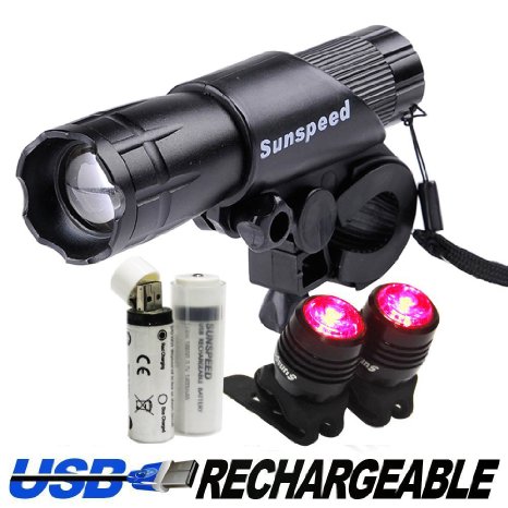 Sunspeed Waterproof USB Rechargeable LED Bike Light Set - Bright Headlight for Front and Free LED Bike TailLights, for Road, Racing & Mountain Bicycles - Free Rechargeable 18650 Batteries Included