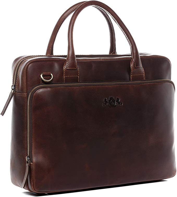 SID & VAIN Laptop Bag Ryan XL Business Briefcase Real Leather 15" Laptop Leather Bag Women and Men Brown