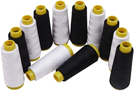 Overlocker Thread (12 Pieces) - 11,000 Metre (11.5cm each Spool) 6 White and 6 Black Polyester Thread Wound in Plastic Cone for Overlock, Embroidery, Quilting, Hand and Machine Sewing