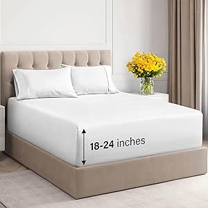 Extra Deep Pockets 400 Thread Count 100% Cotton 4 Piece California King Size Bedding Sheet Set - Breathable & Cooling - Hotel Luxury Bed Sheets Set- Soft, Wrinkle Free & Comfy White Bedding Sheet Set