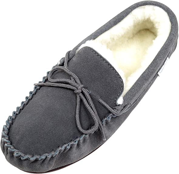 SNUGRUGS Mens Suede Lambswool Moccasin Slippers & Rubber Sole, Black, UK