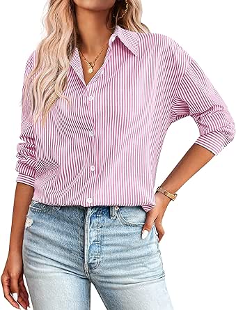 Zeagoo Striped Button Down Shirts for Women Casual Loose Long Sleeve Shirts Business Work Tunic Top