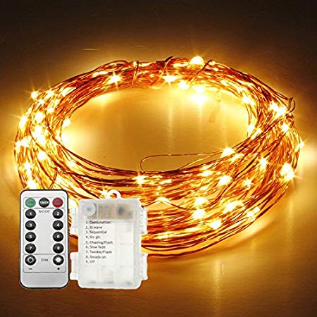 SOLMORE String Lights, 33ft/10M 100 LED Fairy Lights Firefly Lights Starry Lights Copper Wire Lights Battery Operated Remote Control 8 Modes for Bar Party Patio Wedding Dancing Decor (Warm White)